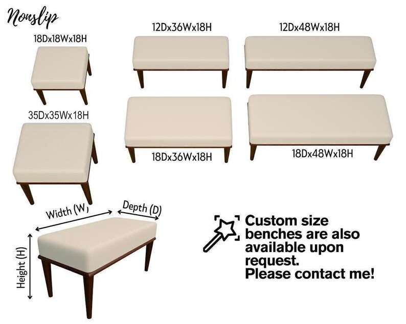 various sizes of ottomans and benches, along with their corresponding dimensions and a note that custom size benches are also available upon request.
