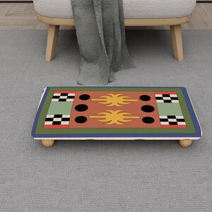 Tribal Sun Print Bed Stepstool | Rustic Green Orange Desk Footrest | H-1513