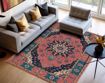 Pink and Blue Geometric Print Rug, Non-Slip Living Room Decor, Washable Carpet H-1082