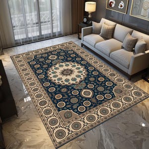 May include: A rectangular area rug with a detailed floral and geometric pattern. The rug features a dark blue central field with beige, teal, and brown floral motifs. A beige border with repeating circular designs frames the rug.