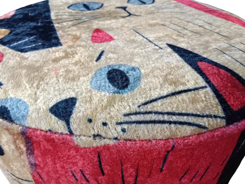Cat pattern round pouf, Cute design bench, Colorful footstool, Elegance round pouf, Bedroom pouf, Comfortable furniture, Stylish bench, H-12