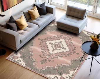 Pink Sage Green Rug, Shabby Chic Area Mat, Vintage Floral Washable Non Slip Carpet H-1132