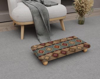 Geometric Kilim Footstool with Wooden Legs Ethnic Pattern Low Stool H-783