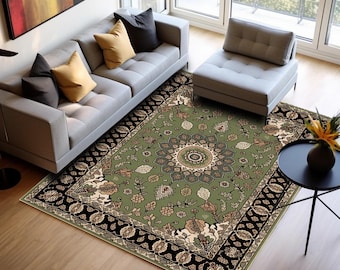 Green Floral Rug, Patterned Non-Slip Washable Carpet, Living Room Decor H-1088