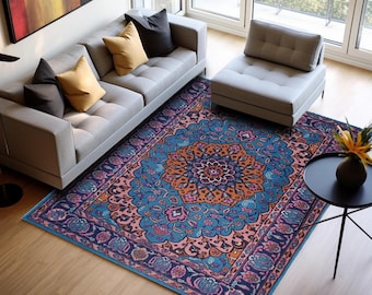 Blue and Pink Oriental Rug, Skid Resistant Carpet, Washable Area Mat H-1087