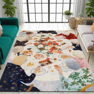 Dining table pattern rug, Family room rug, Modern printed rug, 3D design rug, Sustainable rug, Durable rug, Home entrance rug, Cozy rug