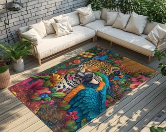 Parrot and tiger rug, Exotic rug, Non-slip rug, Tropical rug, Vibrant animal rug, Animal print rug, Design rug, Modern printed rug,Patio rug