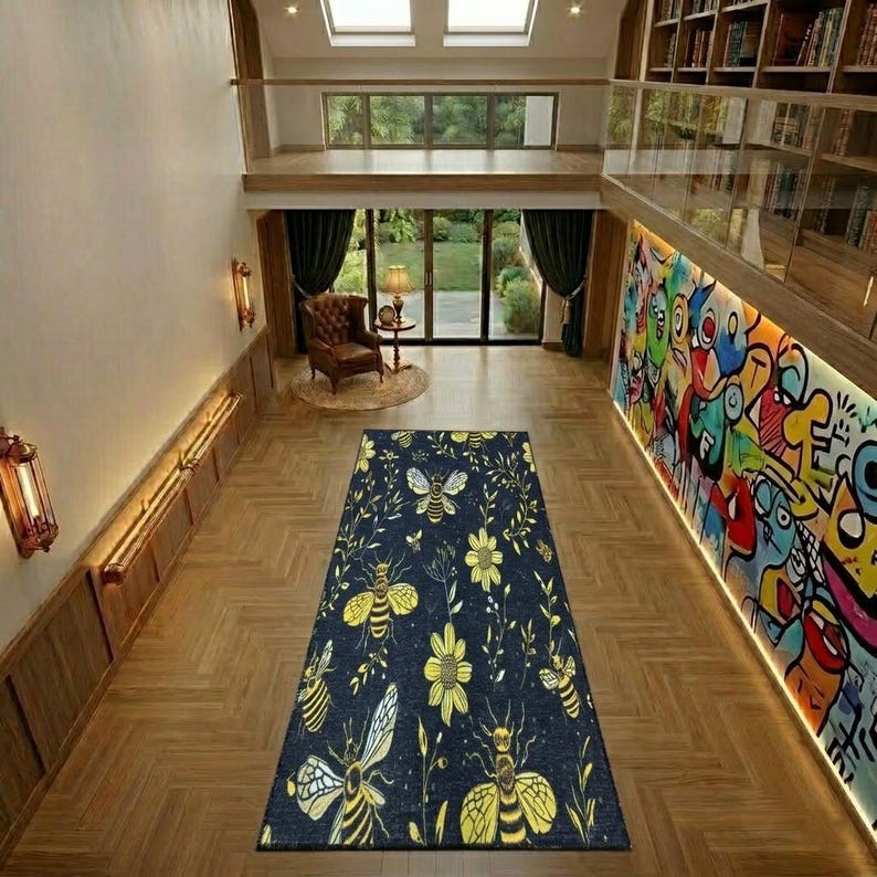 a spacious room with a high ceiling, large windows, and a large rug featuring a bee and flower pattern. The room also includes a bookshelf filled with books and a painting on the wall.