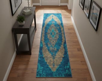 Bohemian Runner Rug: Navy Medallion Pattern - Washable, Non-Slip