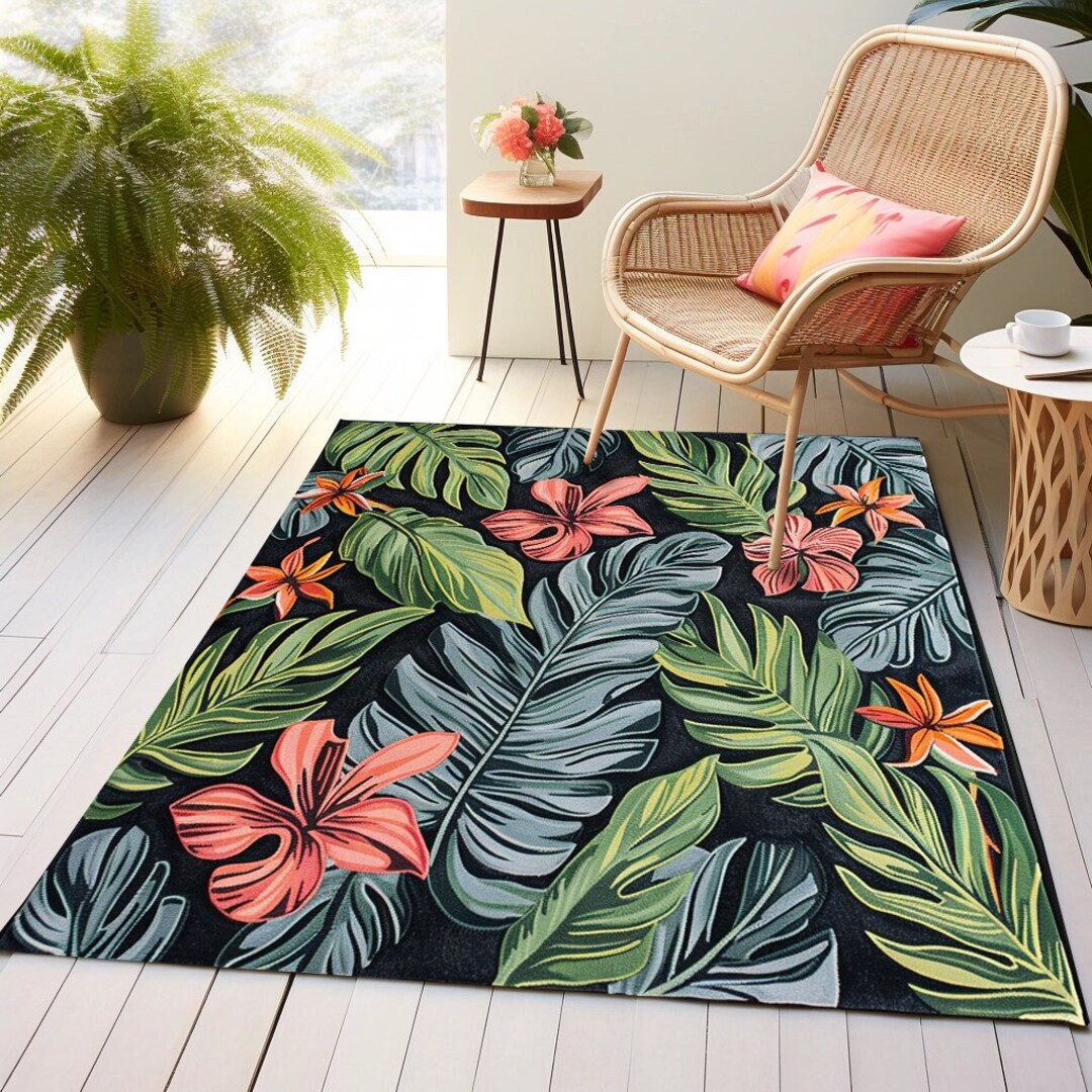 Green Summer Rug, Leaf Design Rug, Outdoor Large Rug, Pet Friendly Rug ...