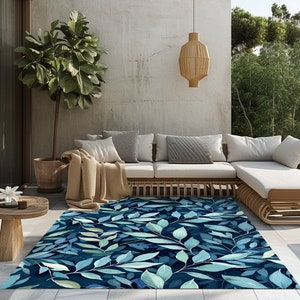 Navy Leaf Design Teppich, Wohnzimmerteppich, rutschfester Teppich, Waschbarer Teppich, Dekorativer Teppich, Outdoor Teppich, Terrassenteppich, Blau gemusterter Teppich, Gartenflächen