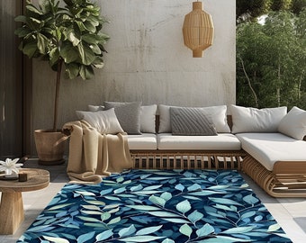 Navy leaf design rug, Livingroom rug, Nonslip rug, Washable rug, Decorative rug, Outdoor rug, Patio rug, Blue patterned rug, Garden spaces
