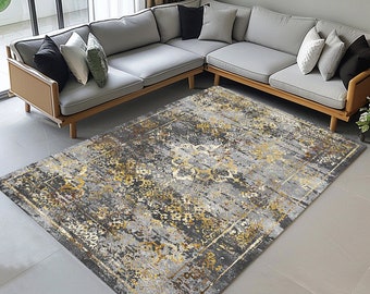 Rugs for bedroom, Gray gold rug, Bohemian rug, Frame design rug, Medallion rug, Multicolor rug, Area rug, Contemporary rug, Living room rug