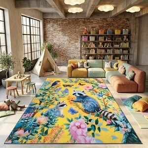 Raccoon rug, Butterfly patterned rug, Soft textured rug, Outdoor patio rug, Yellow design rug, Bright rugs, Decorative bird rug, Area rug
