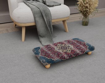 Wooden Footstool: Boho Printed Cushion and Hardwood Base (Custom Size) H-743