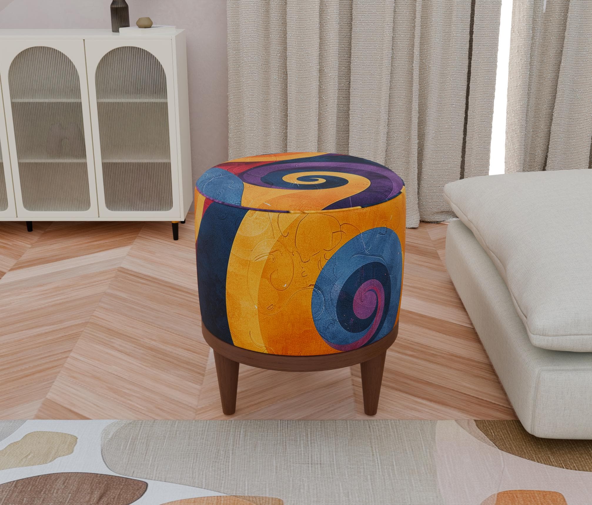 Colorful swril pattern ottoman footstool, Artistic design round pouf, Elegance pouf, Comfortable bench, Stylish bench, Cozy stool, F-155