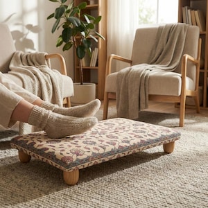 Floral Cream Upholstered Footstool, Low Wooden Fabric Footrest for Calm Interiors