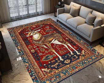 Ethnic design printed rug, Animal patterned rug, Soft textured rug, Primitive rug, Decorative runner rug, Cozy rug, Farmhouse decor rug