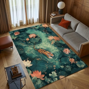 May include: A green and blue area rug with a tiger swimming in a pond with lotus flowers. The rug has a watercolor-like design.