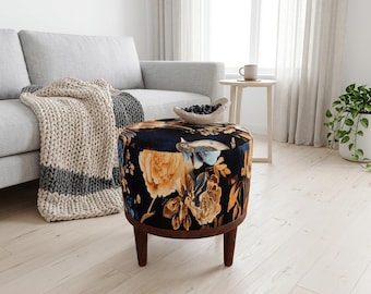 Navy Mustard Peony Round Pouf | Bedroom Ottoman Footrest | Dark Academia Living Room Decor