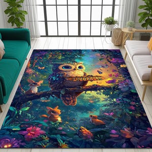 Owl print rug, Stylih rug, Artistic decor for home, Housewarming rug, Botanical rug, Kitchen rug, Magical nature printed rug, Non slip rug
