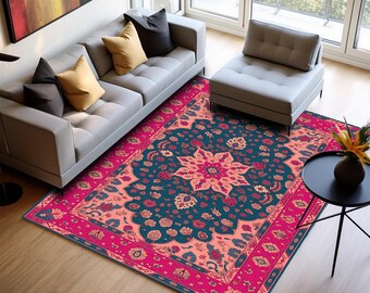 Pink and Blue Floral Printed Rug, Non-Slip Machine Washable Carpet H-1065