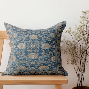 blue floral handmade turkish rug pattern pillow, kilim cushion cover, couch cover, lounge pillow, fireplace pillow, floor pillow
