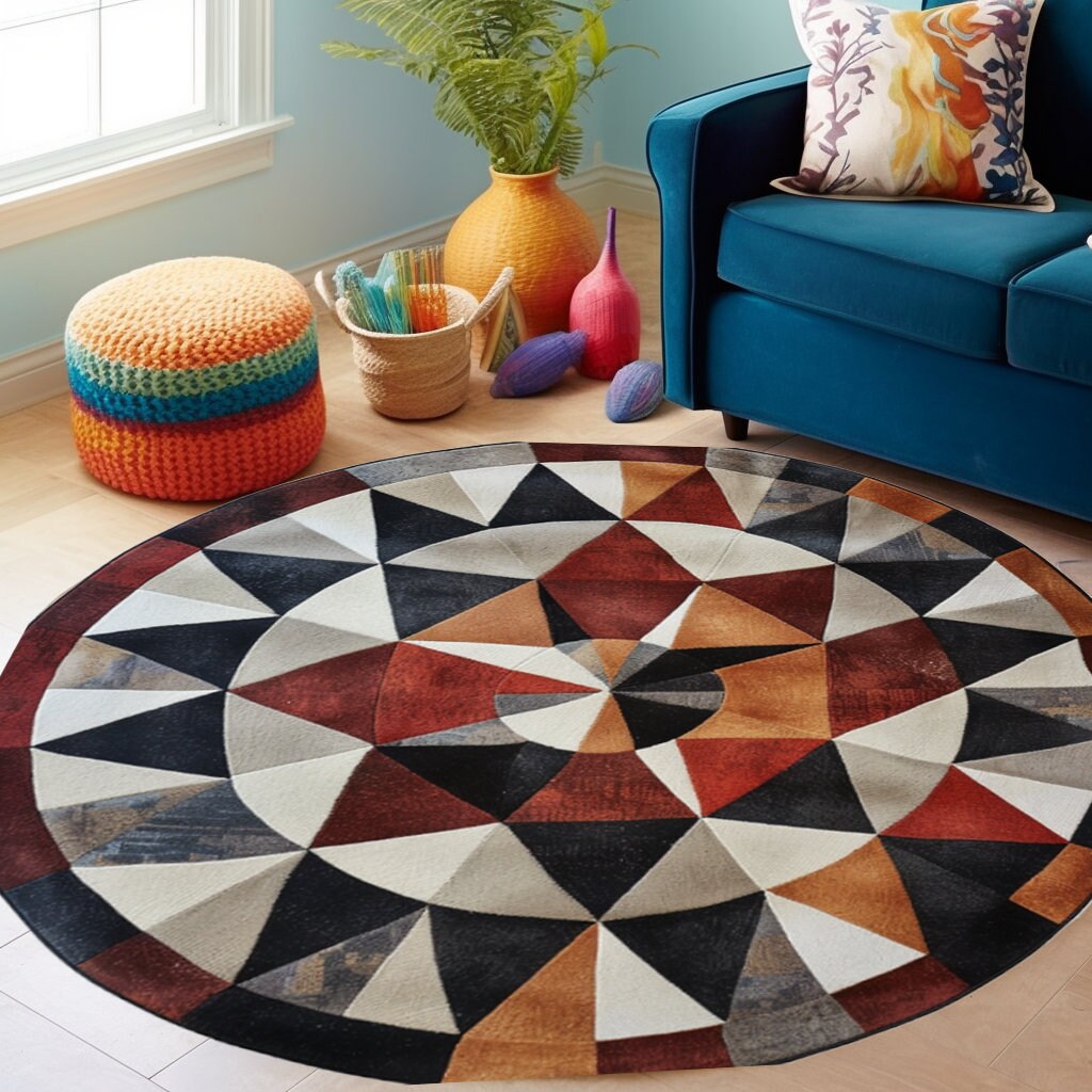 Bordered Circle Rug, Red Geometric Rug, Movieroom Large Rug ...