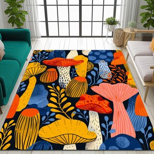May include: A colorful rug with a mushroom design. The rug features a variety of mushrooms in shades of yellow, orange, pink, and blue on a dark blue background.