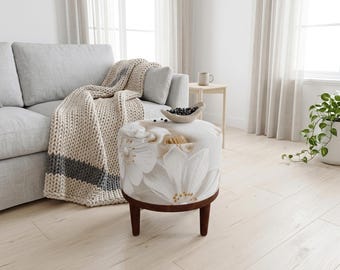 White Magnolia Bloom Round Pouf | Accent Stool Footrest | Minimal Bedroom Decor