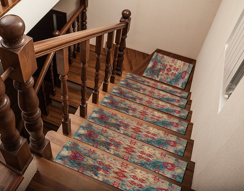 boho chic decor, coastral stair tread, rug for doorway, washable runner, oriental rug red, vintage pattern rug, pet friendly runner