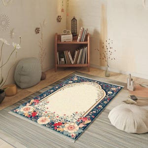 floral pattern prayer rug, muslim prayer rug, portable soft mat, soft prayer mat, luxury thick prayer mat, religious prayer rug, unique rug