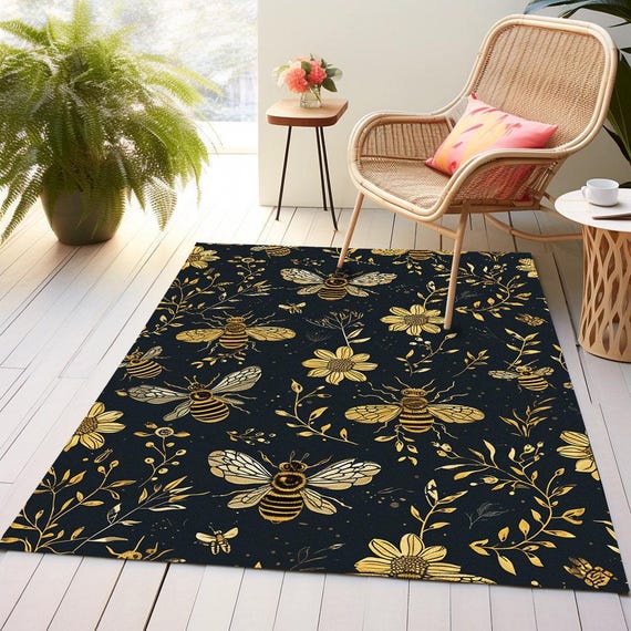 Bee Pattern Outdoor Rug, Washable Non-Slip Floral Design (80x150cm)