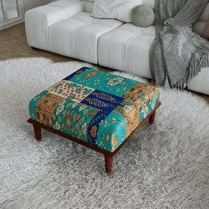 Eklektischer Boho Patchwork Sitz, Grün Blau Blumenmuster Makeup Ottoman, H-1123