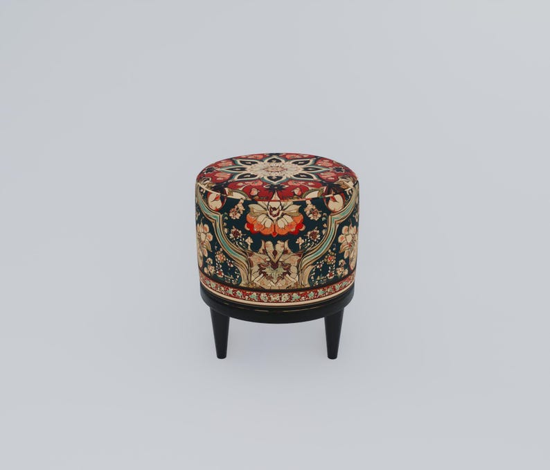 Ethnic design pouf, Floral footstool, Round ottoman bench, Gothic footrest, Living room furniture, Rustic hall stool, Round plant stand, F-9