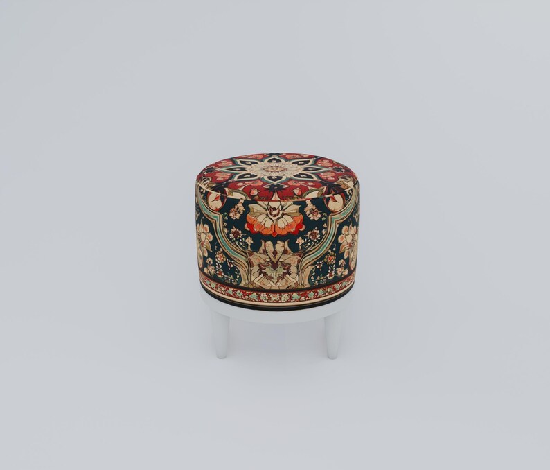 Ethnic design pouf, Floral footstool, Round ottoman bench, Gothic footrest, Living room furniture, Rustic hall stool, Round plant stand, F-9