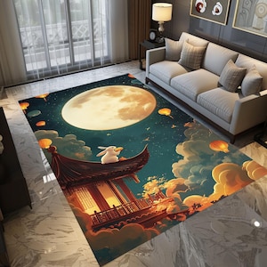 Full moon and rabbit print rug, Landscape printed rug, Boho rug, Modern decor rug, Cozy rug, Runner for hallway, Non slip washable rug