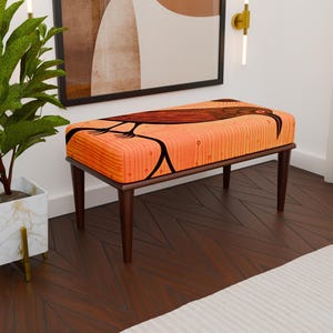 Handmade Upholstered Ottoman Bench with Abstract Orange Pattern, Wooden Legs Artistic Accent Seat for Entryway, Bedroom or Living Room H-144