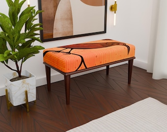 カラフルなデザイナーベンチ、マルチパターンの布張りベンチ、モダンな