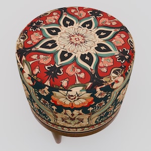 Ethnic design pouf, Floral footstool, Round ottoman bench, Gothic footrest, Living room furniture, Rustic hall stool, Round plant stand, F-9