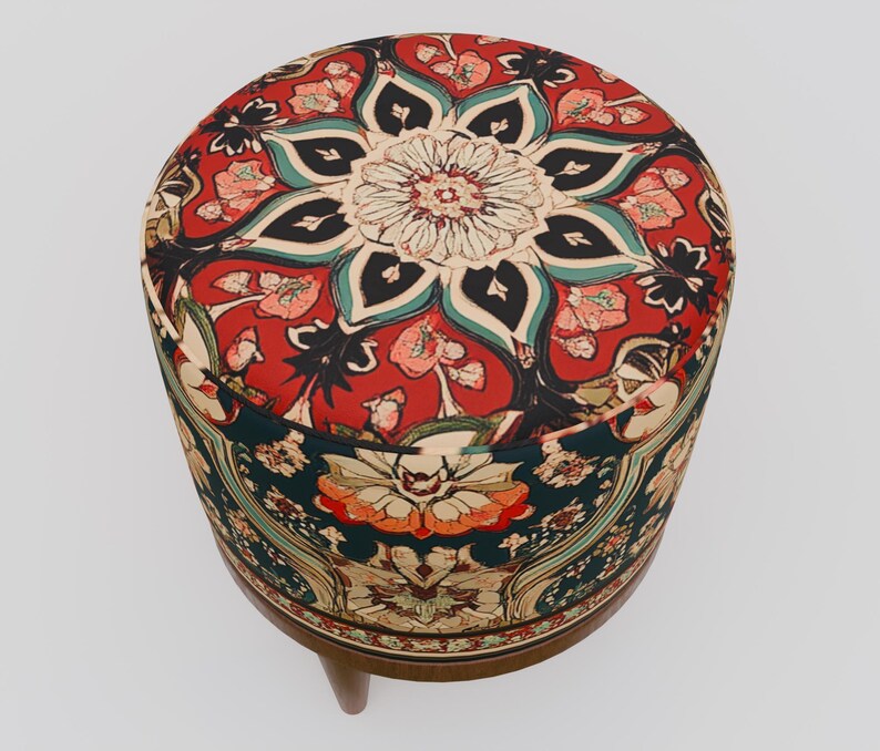 Ethnic design pouf, Floral footstool, Round ottoman bench, Gothic footrest, Living room furniture, Rustic hall stool, Round plant stand, F-9