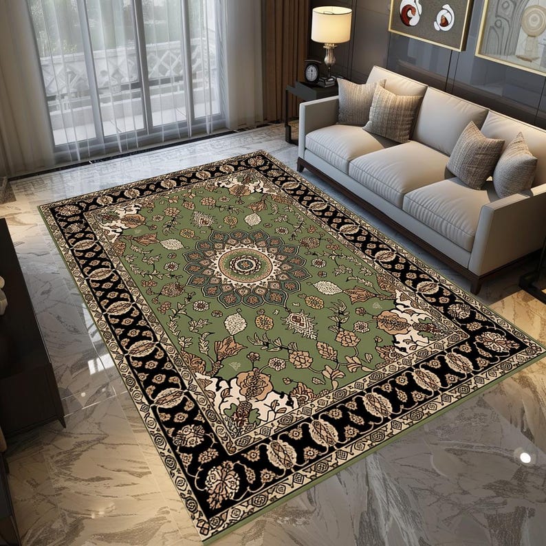 a large, ornate rug with a floral design in shades of green and black, placed on a tiled floor in a living room setting.