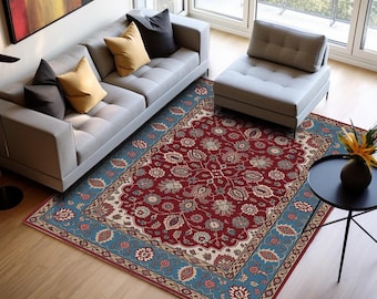 Floral Red Blue Tribal Rug, Washable Skid-Resistant Carpet, Oriental Home Decor H-1033