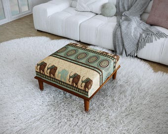 Elephant Tribal Green Ottoman, Bohemian Animal Pattern Window Bench, H-757