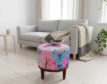 Pink Turquoise Ornate Round Pouf | Vanity Stool Seat | Boho Bedroom Decor
