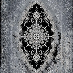 May include: A vintage-style rug with a black background and intricate white floral patterns. The rug has a distressed, faded look, giving it a unique and antique feel.