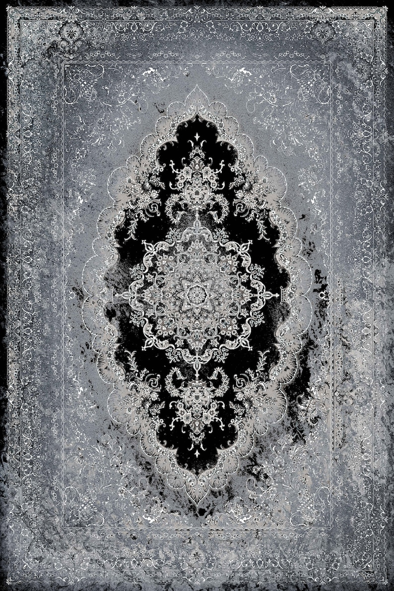 May include: A vintage-style rug with a black background and intricate white floral patterns. The rug has a distressed, faded look, giving it a unique and antique feel.