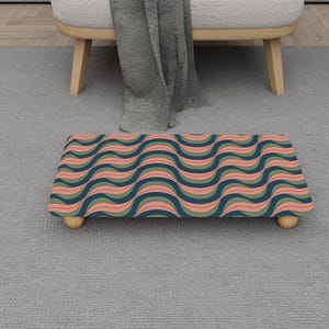 Green Wavy Stripe Foot Stool | Retro Mod Room Footrest | H-1600