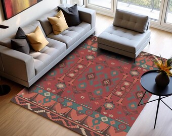 Terracotta Aztec Rug, Washable Non Slip Carpet, Eclectic Home Decor H-1013