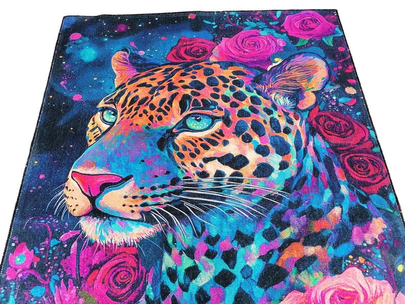 Rose pattern rug, Leopard print rug, Luxury rug, Modern home decor, Area rug, Non slip rug, Washable runner rug, Under bench rug, Boho rug